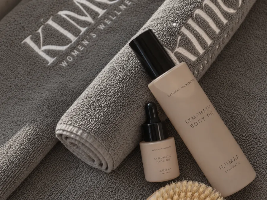 Bestickte kimō-Handtücher mit Körperöl, Serum und Massagebürste