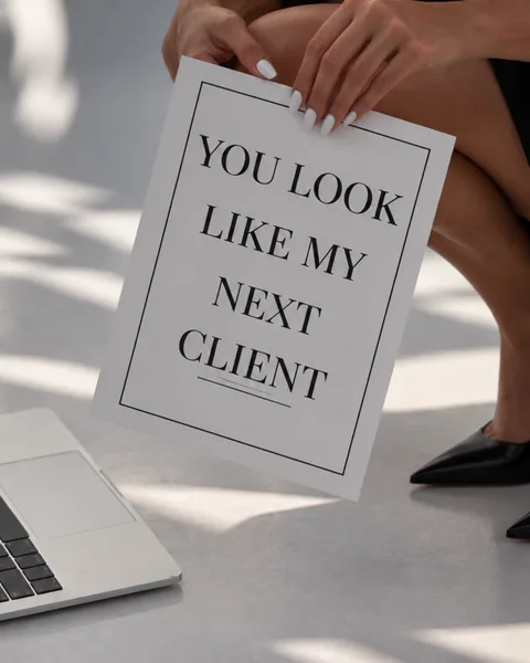 Handgehaltenes Schild mit der Aufschrift „You look like my next client“