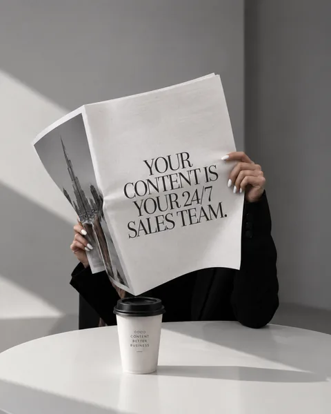 Aufgeschlagene Zeitung mit der Schlagzeile „Your content is your 24/7 sales team“