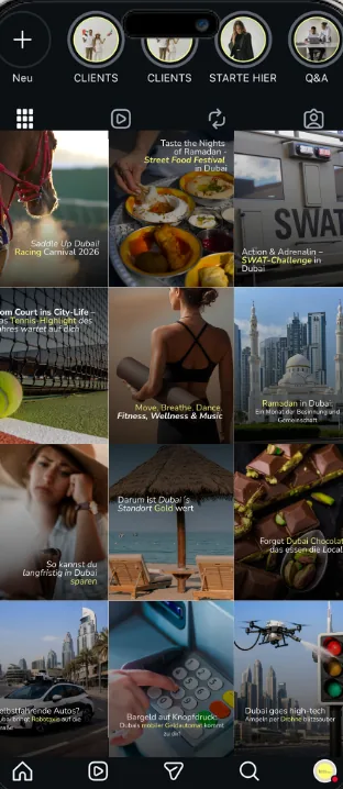 Instagram-Feed von Dubai-auswandern im Jahr 2026, durchgestaltetes dunkles Raster