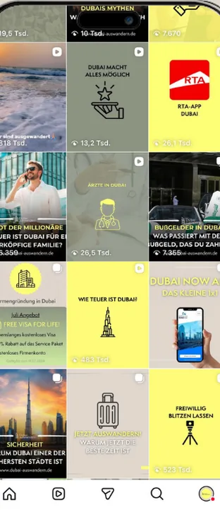 Instagram-Feed von Dubai-auswandern im Jahr 2024, uneinheitliche Kacheln in Gelb und Weiß